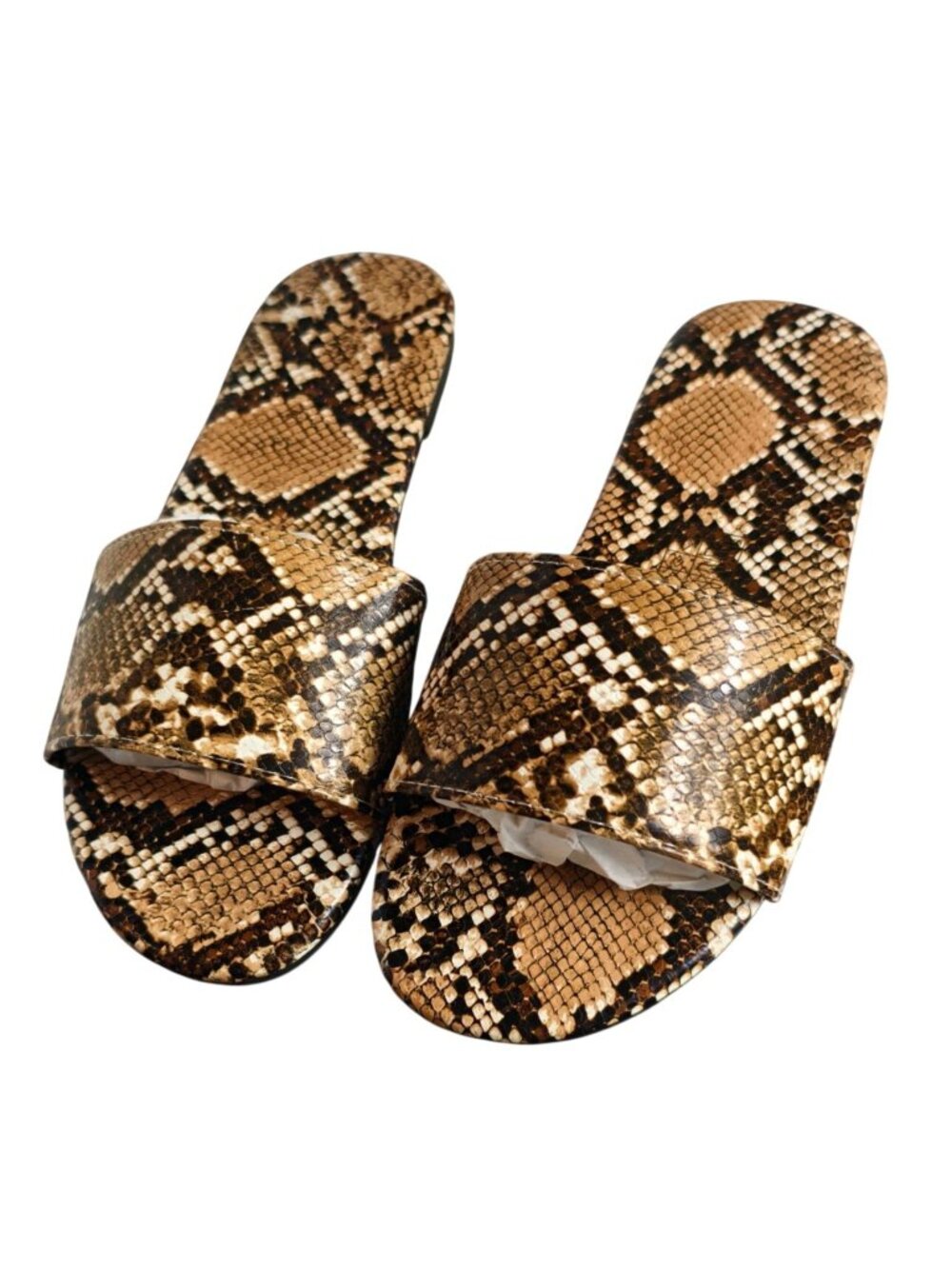 Womens 5.5 Slip on Slides Sandals Faux Leather Snake Print Brown Black Flat